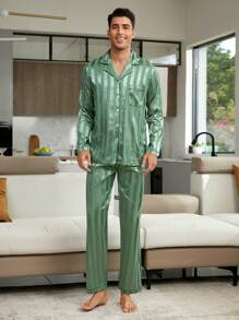 男士條紋鬆緊睡衣套裝,帶翻領 - 綠色 - 查看 4