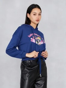 JUSTICE LEAGUE X SHEIN Letter Graphic Drop Shoulder Drawstring Hoodie