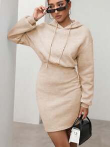 SHEIN EZwear Chất rắn Dây rút Thả vai Đàm áo cánh có mũ - Màu Khaki - Xem 1