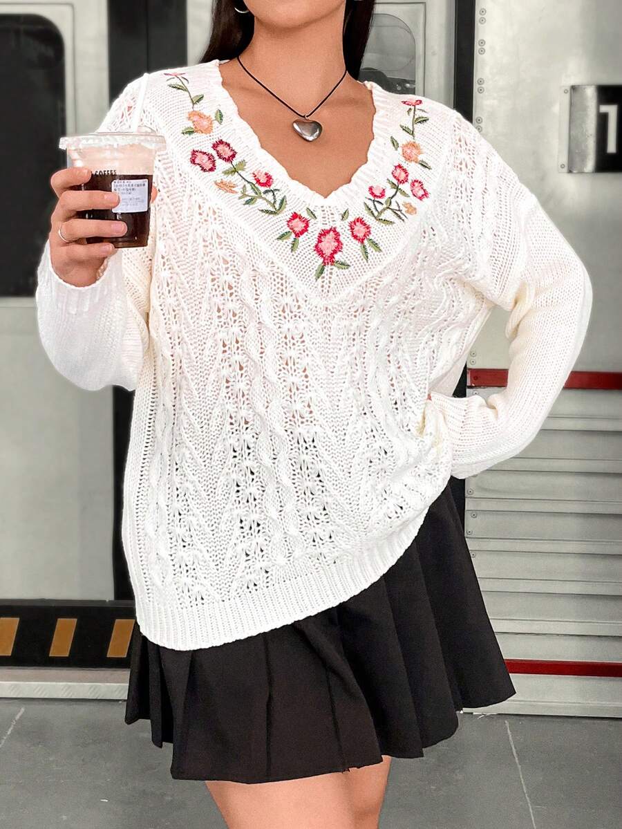 Flirla 大碼花卉刺繡網眼針織落肩袖套頭毛衣 - 白色 - 查看 1