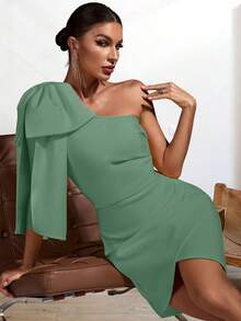 單肩蝴蝶結裝飾圍裹洋裝 - 綠色 - 查看 5