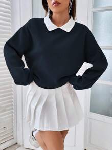 SHEIN Frenchy 拼接領落肩袖二合一運動衫 - 藏蓝色 - 查看 5
