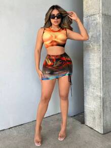 SHEIN SXY Tie Dye Tank Top & Drawstring Side Bodycon Skirt - Blue - View 5