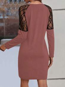 SHEIN LUNE Ren tương phản Tay Raglan Váy áo thun - Bụi hồng - Xem 2