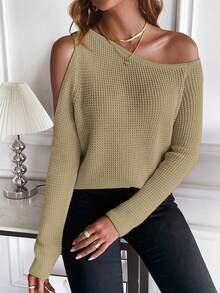 SHEIN Essnce 素色不對稱領肩部挖空套頭毛衣 - 卡其色 - 查看 6