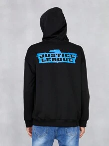 JUSTICE LEAGUE X SHEIN 男士卡通和字母圖案抽繩連帽衫 - 黑色 - 查看 2