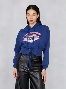JUSTICE LEAGUE X SHEIN Letter Graphic Drop Shoulder Drawstring Hoodie