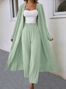 SHEIN LUNE Solid Open Front Coat & Wide Leg Pants - Green - View 3