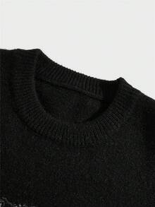 ROMWE MEN Corpse Bride | ROMWE 男式圖案落肩毛衣 - 黑色 - 查看 3