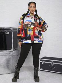 SHEIN CURVE+ Plus Size Patchwork Print Drawstring Sweatshirt - Multicolor - View 3