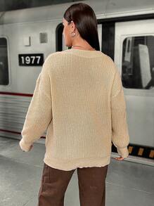 Flirla Plus Pointelle Knit Drop Shoulder Sweater Knit Pullover Fall Winter Sweater - Apricot - View 2