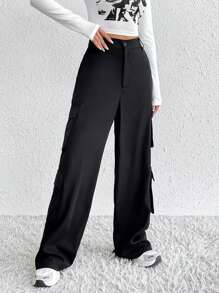 SHEIN EZwear Đồ họa Hình Áo thun & Túi nắp bên cạnh Quần Cargo - màu đen - Xem 4