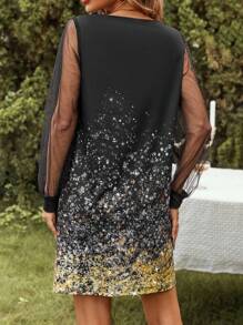 SHEIN LUNE Graphic Print Mesh Lantern Sleeve Dress - Multicolor - View 2