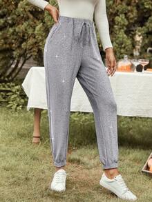 SHEIN LUNE 腰上打結斜口袋金屬亮絲運動褲 - 銀色 - 查看 5