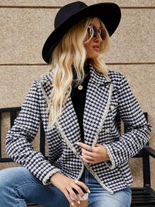 SHEIN Frenchy Houndstooth Print Lapel Neck Blazer - Black and White - View 6