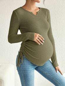 SHEIN 孕婦缺口領側抽繩T恤 - 軍綠色 - 查看 7