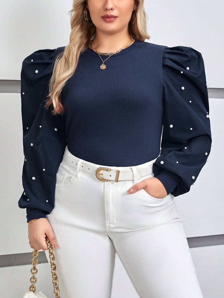 SHEIN Privé Plus Pearls Beaded Lantern Sleeve Top - Royal Blue - View 1