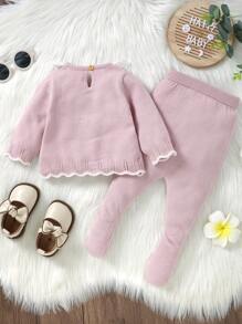 SHEIN 揉皺 蝴蝶結 扇型撞色嬰童（女）毛衣套裝 - 粉色 - 查看 2