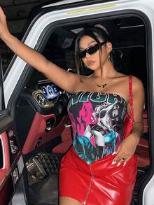 SHEIN Coolane Plus Figure & Letter Graphic Bandana Hem Tube Top - Multicolor - View 6