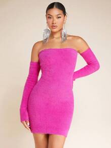 SHEIN BAE Off Shoulder Bodycon Sweater Dress - Hot Pink - View 5