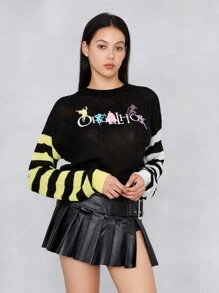 JUSTICE LEAGUE X SHEIN Striped Color Block Drop Shoulder Sweater With Character & Letter Pattern - Multicolor - View 3