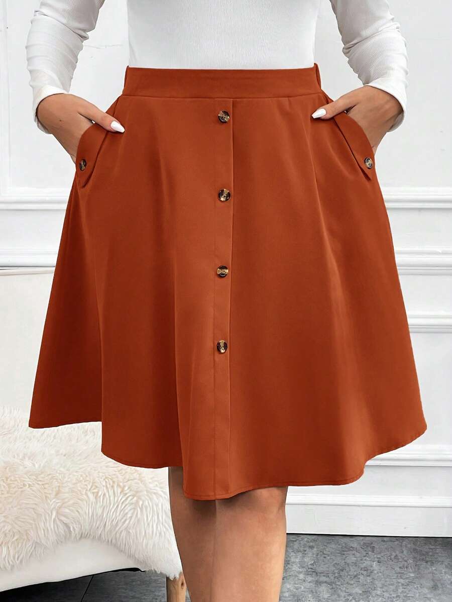 SHEIN Clasi Hơn Nút phía trước Viền lấp lánh Váy - Màu Cam cháy - Xem 1