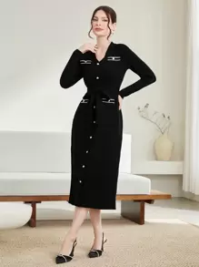 Modelyn Ladies' Sweater Dress With Single-breasted Belt - Black - View 5