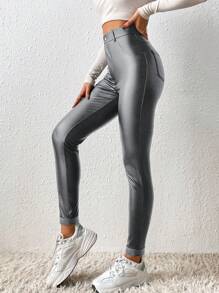 SHEIN Frenchy 高腰PU皮革緊身褲 - 灰色 - 查看 5