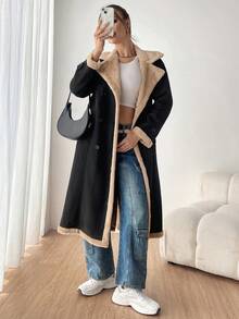 SHEIN EZwear 雙排釦毛絨內襯雙排釦外套 - 黑色 - 查看 3