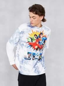 JUSTICE LEAGUE X SHEIN 1入組紮染字母和卡通圖案落肩袖假兩入組T恤 - 彩色 - 查看 4