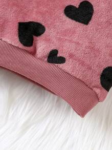 SHEIN Playful Pals 女嬰愛心圖案毛絨帽衫和褲子 - 藕粉色 - 查看 4