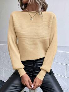 SHEIN Frenchy Boat Neck Batwing Sleeve Sweater - Apricot - View 3