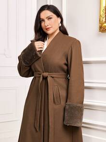 Modelyn 大碼毛茸茸袖口腰帶花呢外套 - 棕色 - 查看 5