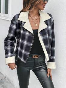 Chiquease Plaid Print Zip Up Thermal Lined Jacket Fall Cloth For Women - Black and White - View 5