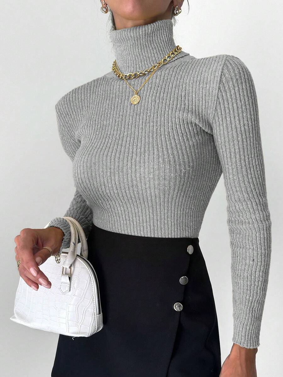 EURMUSE Women's Solid Color High Neck Raglan Sleeve Casual Fitted Ribbed Knit Sweater - Grey - View 1
