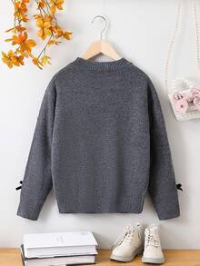 SHEIN Tween Girl Bow Decor Drop Shoulder Sweater - Grey - View 2