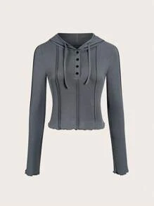 SHEIN Unity Chất rắn Nút phía trước Dây rút áo có mũ Áo thun - Xám - Xem 1