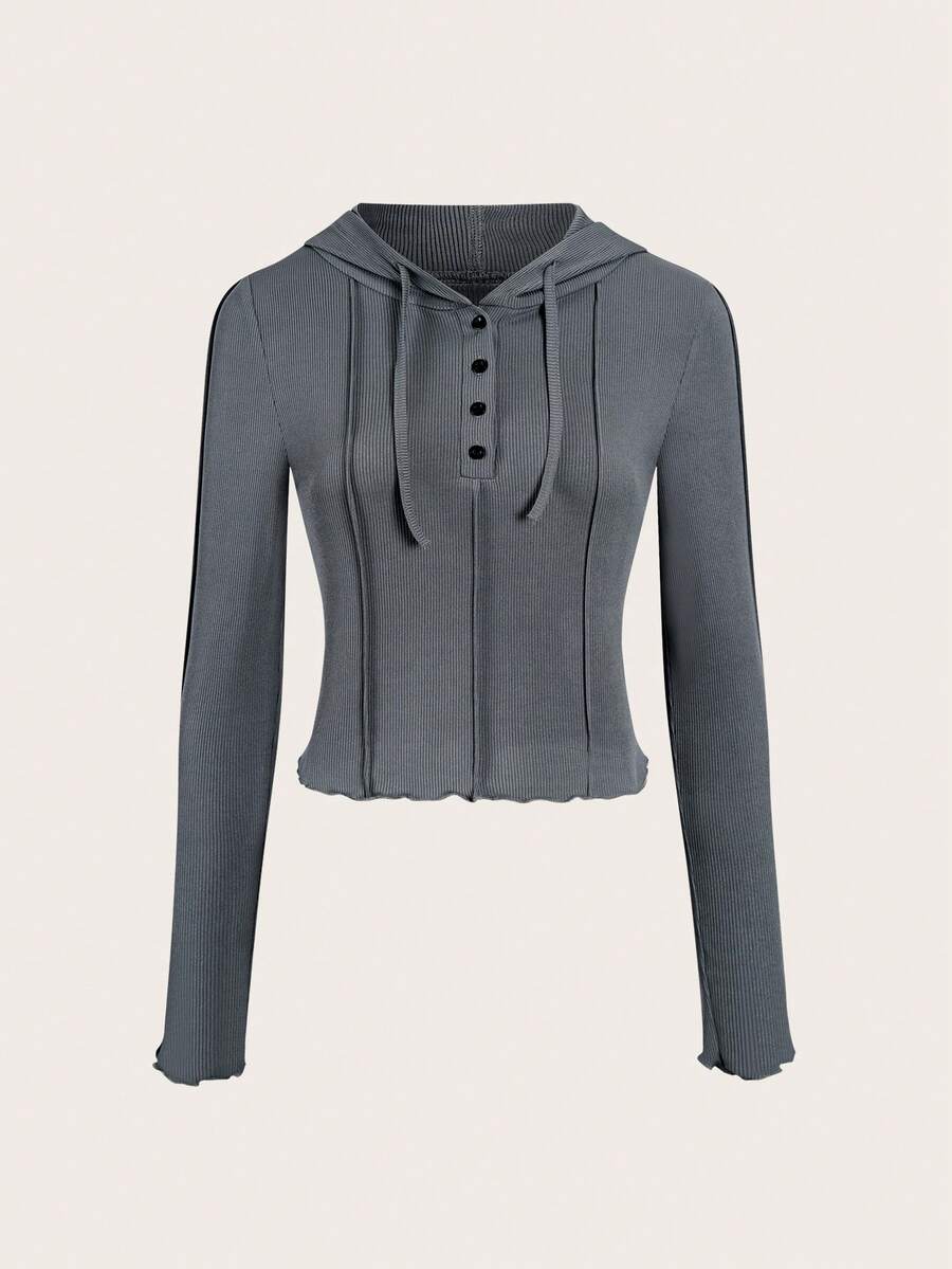 SHEIN Unity Chất rắn Nút phía trước Dây rút áo có mũ Áo thun - Xám - Xem 1