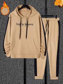 RueChic Men Slogan Graphic Kangaroo Pocket Drawstring Hoodie & Sweatpants - Multicolor - View 1