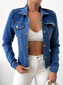 SHEIN Cottnline Chaqueta Vaquera Con Botones Y Bolsillo Con Solapa Para Mujer - Azul lavado medio - Ver 4