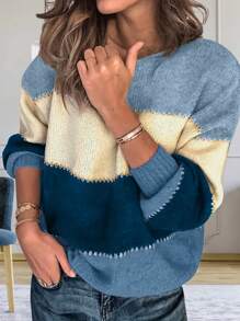 Women's Oversized Color Block Sweaters Fall Casual Lightweight Ribbed Knit Crewneck Pullover Sweater Long Sleeve Tops - Multicolor - View 1