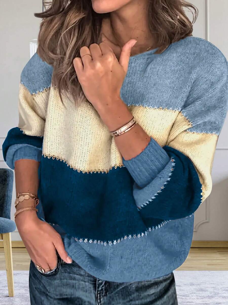 Women's Oversized Color Block Sweaters Fall Casual Lightweight Ribbed Knit Crewneck Pullover Sweater Long Sleeve Tops - Multicolor - View 1