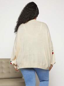 SHEIN CURVE+ 加大碼寬鬆櫻桃圖案針織開衫 - 杏色 - 查看 2