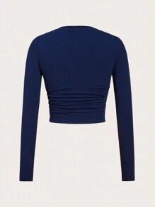 SHEIN EZwear Los Angeles Summer Outfit Long Sleeve Letter Graphic Crop Tee - Navy Blue - View 2