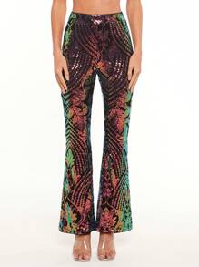 SHEIN BAE Christmas Sequin Flare Leg Pants - Multicolor - View 3
