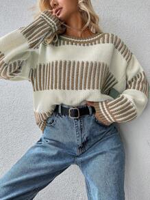 EURMUSE Jersey con patrón de rayas de hombros caídos - Camel - Ver 3