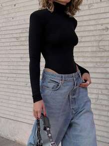 SHEIN Essnce 素色小高領修身連體衣 - 黑色 - 查看 1