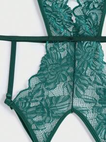 Exotic-Bondage Lace Crotchless Teddy Bodysuit & 1pair Hand Ring, Lingerie - Dark Green - View 8