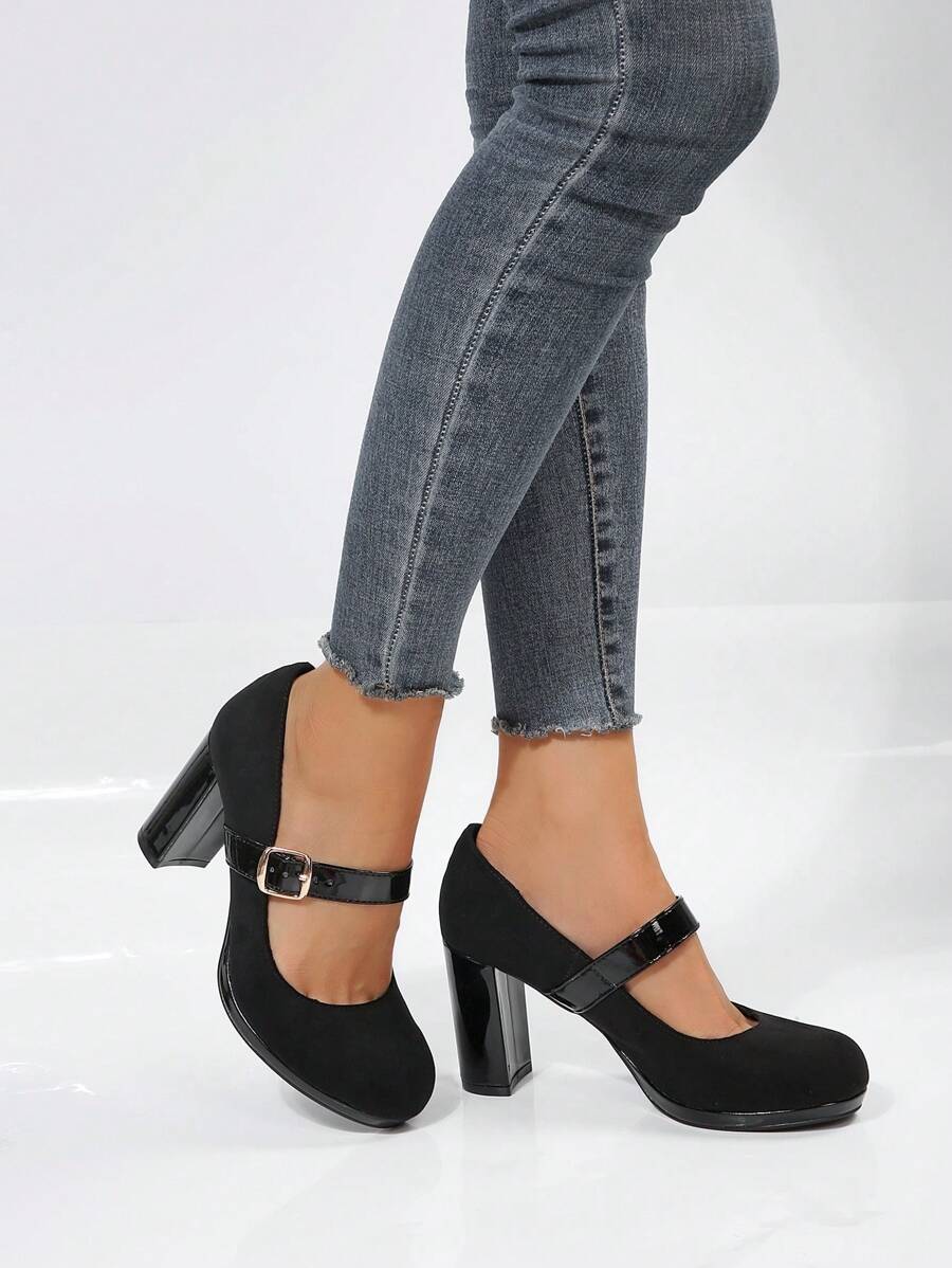 黑色和棕色的撞色粗高跟鞋帶深的鞋面 - 黑色 - 查看 1