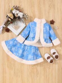 Baby Girl Floral Print Contrast Fuzzy Trim Jacket & Skirt